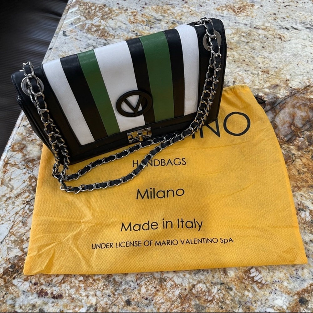 Valentino Alice Stripe convertible leather-woven chain shoulder bag. BLK/GRN